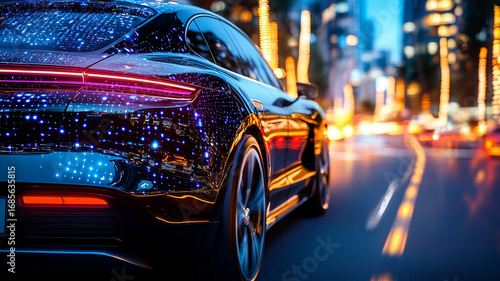 Futuristic Electric Vehicle Driving Through Vibrant City At Night