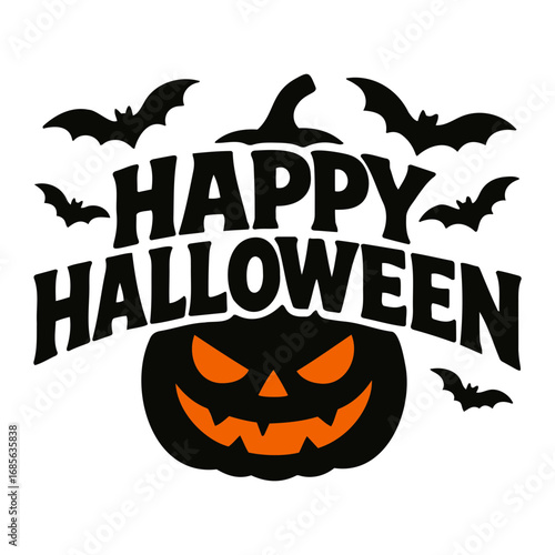 Vector happy halloween text with pumpkin face and bats in black and orange colors design