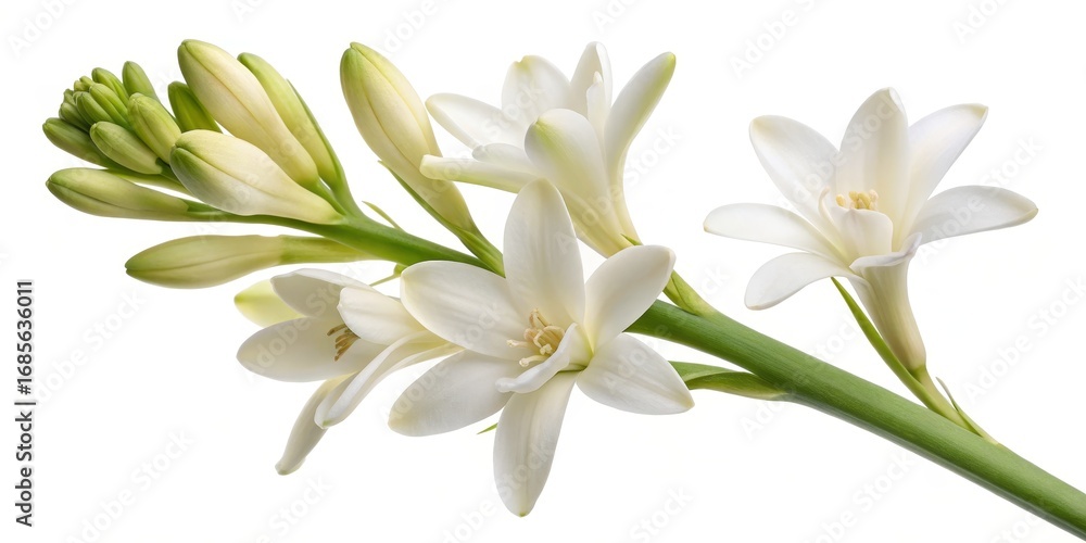 Fototapeta premium White Tuberoses Buds and Blossoms on White, Floral ,Nature