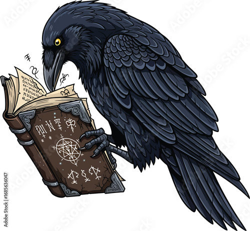Mystical Raven Reading a Magical Spell Book – Fantasy Crow Illustration with Occult Symbols