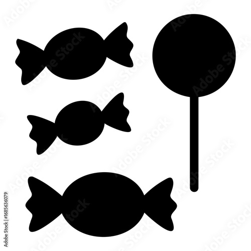 Vector illustration of three wrapped candies and a lollipop in black silhouette form