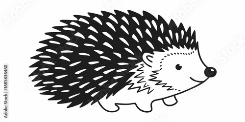Illustration of a cartoon hedgehog with black spines and a small nose on a white background design style on transparent background