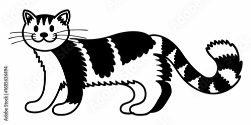Illustration of a black and white cat with a striped tail standing on all fours looking forward on transparent background