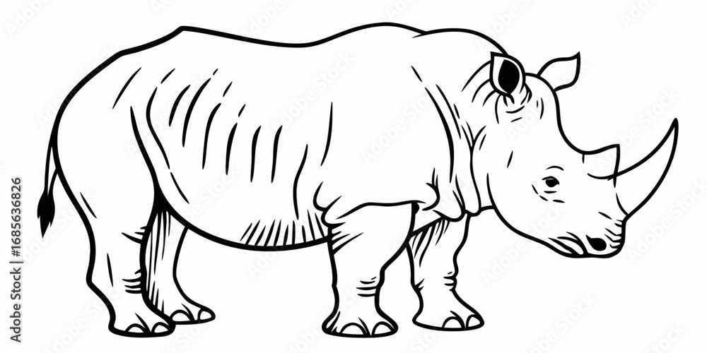 Fototapeta premium Illustration of a rhinoceros with thick skin and a prominent horn in a black and white outline style on transparent background
