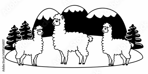 Illustration of three llamas standing in a snowy landscape with mountains and pine trees behind them on transparent background