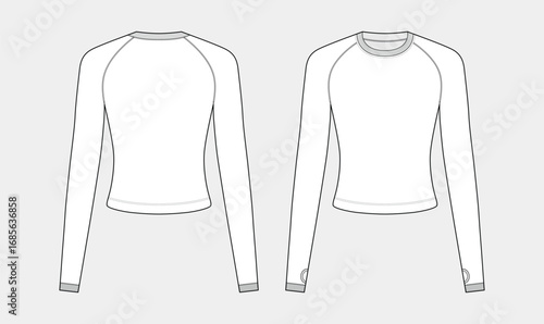 women's closefitting crop top sketch, raglen round neck, long sleeve, front and back view, fashion drawing vector illustration