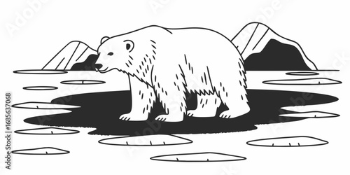 A polar bear walks across the arctic ice with mountains in the background in a black and white drawing on transparent background