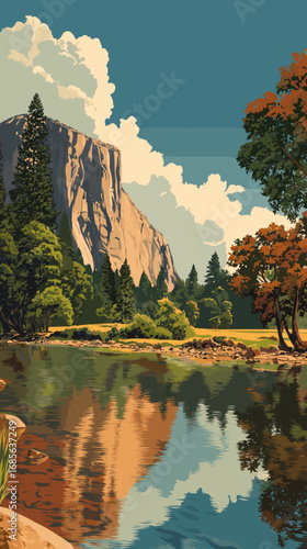vector illustration, yosemite national park, attractive touristic advertisement poster, beautiful touristic must-see destination. Beautiful tourist destination, usa. Outdoor travel hiking destination.