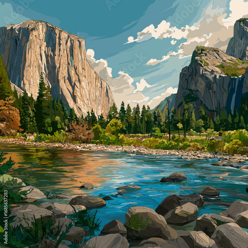vector illustration, yosemite national park, attractive touristic advertisement poster, beautiful touristic must-see destination. Beautiful tourist destination, usa. Outdoor travel hiking destination.
