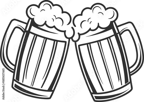 Two beer mugs toasting with frothy beer