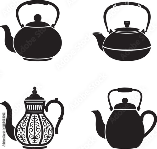 Teapot silhouette set vector illustration isolated On Transparent Background