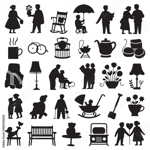 Collection of black silhouettes representing family life moments and objects including people generations and home items