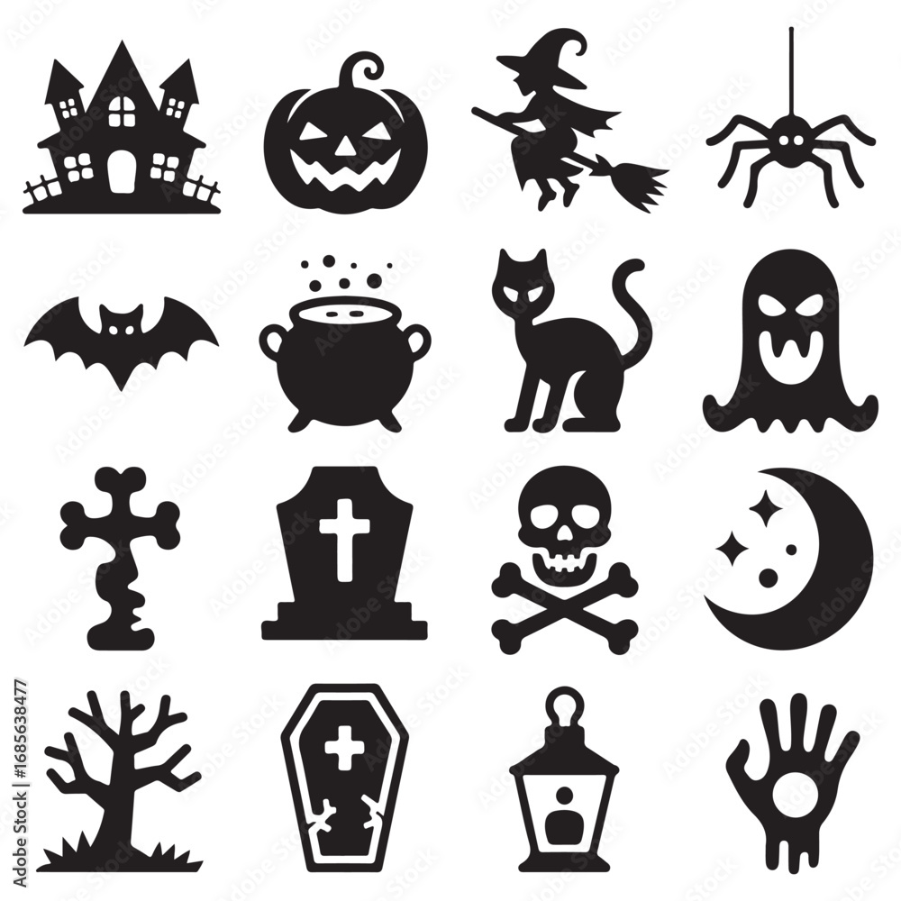 Obraz premium Collection of classic black and white halloween icons including a haunted house pumpkin witch spider bat cauldron cat ghost and more