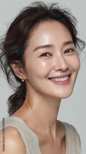 Korean woman smiling warmly with natural makeup and beautiful skin in a neutral environment during daytime