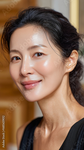 Korean woman with glowing skin and a warm smile posing indoors in a bright and inviting atmosphere