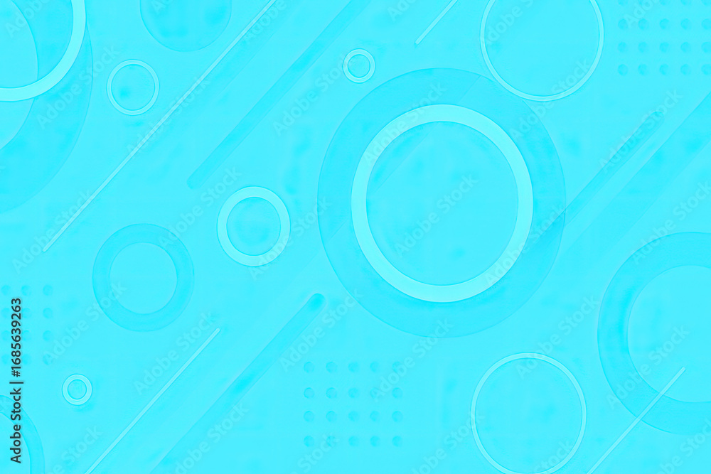 Obraz premium Bright cyan geometric abstract background. Modern minimalist design featuring dynamic compositions of overlapping circles, sleek diagonal lines, and subtle grid dot patterns. A clean, serene digital b