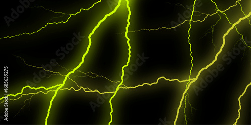 Dynamic electric energy patterns glowing with vibrant green on black background, Thunder Stock Image In Black Background. Massive lightning bolt with branches isolated on black background.