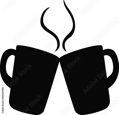 Minimal Black Silhouette of Two Clinking Coffee Mugs Vector, Coffee Mugs Cheers Silhouette Vector, Clinking Coffee Cups Solid Black, Coffee Celebration Icon Vector