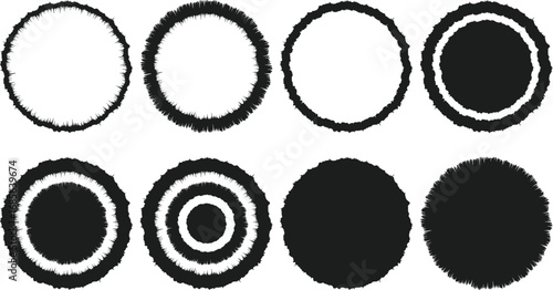 Grunge circle vector pack, Distressed round texture elements, Abstract grunge brushstroke shapes, Black ink splash frame collection
