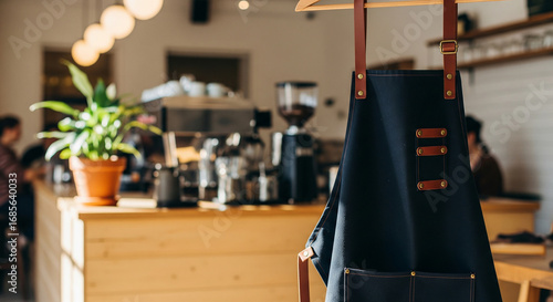 A dark apron with leather straps hanging in a modern, cozy coffee shop with a wooden counter, coffee machines, and blurred customers in the background.
