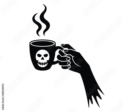 Zombie hand silhouette holding steaming coffee mug vector illustration isolated on white background