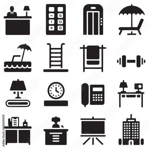 Collection of hotel and office service icons representing reception desk elevator gym pool and workspace amenities