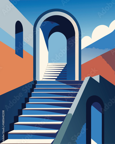 Abstract minimalist illustration of an archway with a view of a mountain and a sun