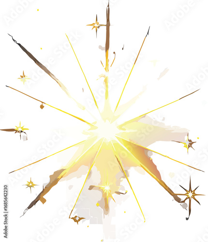 Bright Yellow Starburst Explosion with Colorful Geometric Fragments