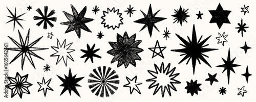 Star set crayon hand drawn with pencil and chalk texture in different shapes. Hand drawn star set with crayon texture and chalk pencil doodle. Perfect for stickers, fabric, print, poster