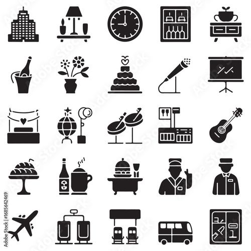Collection of hotel and travel related icons representing services and amenities for guests and travelers