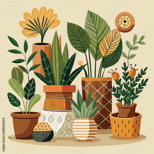 Collection of Stylized Potted Houseplants in Decorative Pots