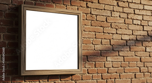 Wallpaper Mural A blank square wooden frame hanging on a rustic red brick wall, ready for content. Torontodigital.ca