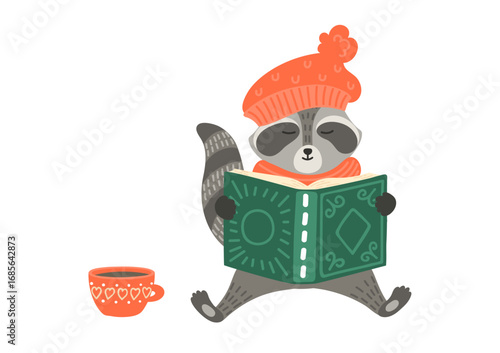 Racoon reading book in winter clothing. Winter season education. Children illustration.