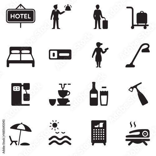 Collection of hotel service and amenity icons representing hospitality industry elements for travel and accommodation concepts