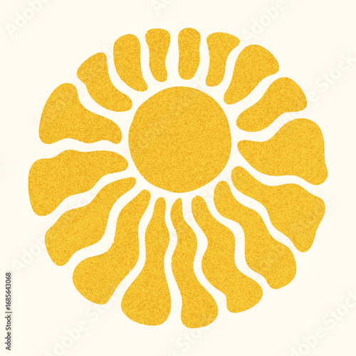 Yellow retro sun illustration with groovy abstract wavy rays and textured gra...