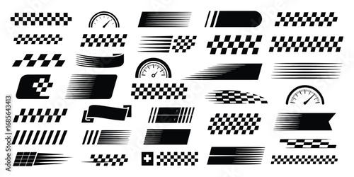 Racing Stripe Vector Set – Includes Checkered Patterns, Speed Lines, Arrows, and Start-Finish Banners for Motorsport Graphics, Race Elements, Vector Art, and Automotive Design Projects