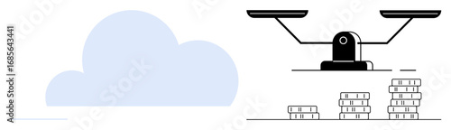 Balance scale weighing coins and cloud icon symbolizing cost evaluation and decision-making process. Ideal for budgeting, cloud computing, finance, investment, technology, savings, risk management