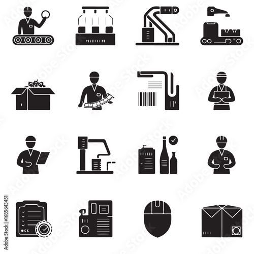 Collection of industrial manufacturing and automation icons representing production processes and technology in a factory setting