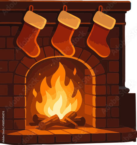 This image shows a cozy brick fireplace with a bright burning fire and three Christmas stockings hanging above the mantel.