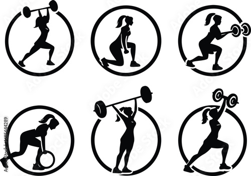 Empowering Fitness Icons Set Demonstrating Strength Training and Bodyweight Exercises for Women's Health and Wellness