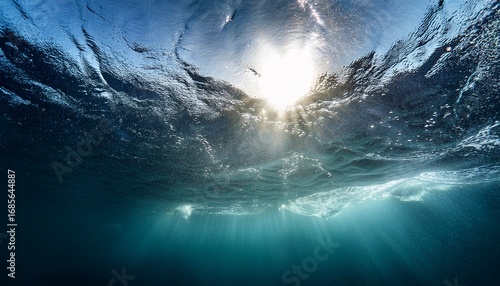 a shot taken from beneath the surface of the sea looking up at the sky the light patch is the sun overhead and through the surface it is possible to see the rain falling hard on the water