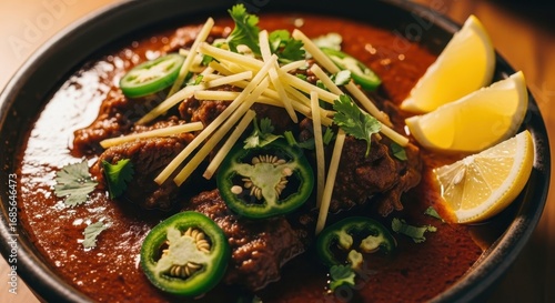 Spicy Beef Nihari served in a bowl garnished with ginger chili and lemon wedges