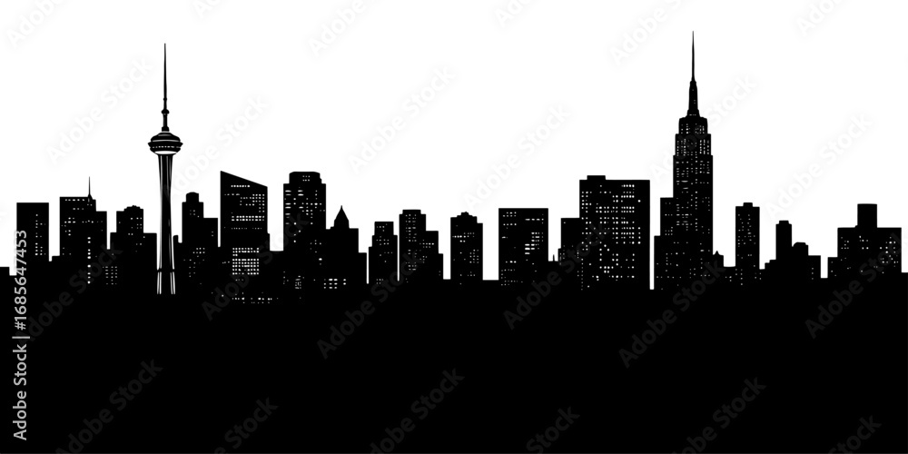 Fototapeta premium ityscape silhouette in a minimalist style, black and white, representing urban life or business