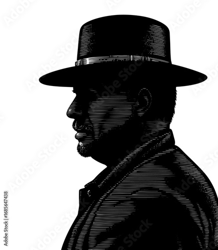 Man in Profile Wearing a Hat and Coat, black and white silhouette