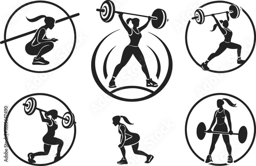 Strong Woman Silhouettes Performing Weightlifting and Fitness Exercises in Circles Professional Athlete Demonstrating Powerful Movements for Health and Wellness