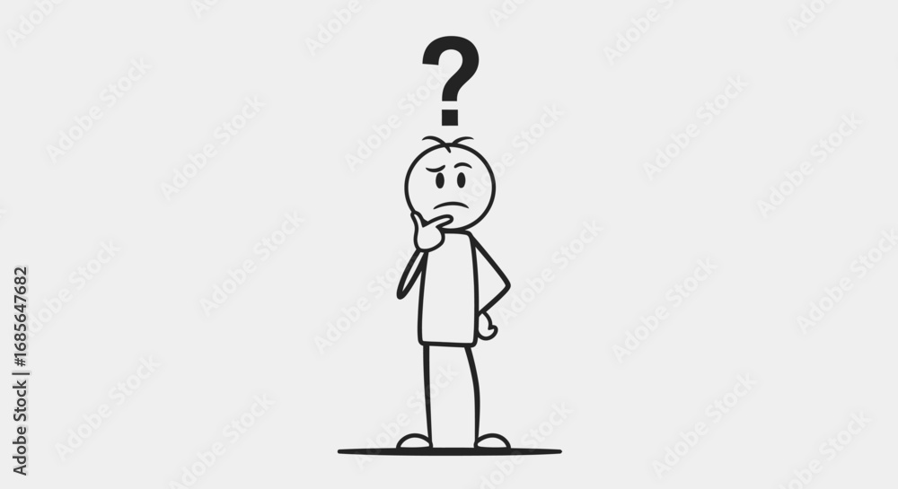 Fototapeta premium Confused Stickman Vector with Question Mark, Minimalist Thinking Concept Illustration