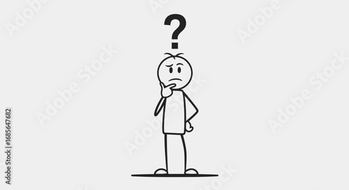 Confused Stickman Vector with Question Mark, Minimalist Thinking Concept Illustration