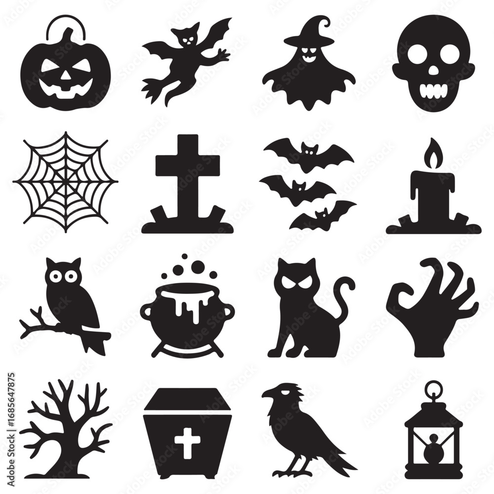 Obraz premium Collection of spooky black halloween icons and symbols including a pumpkin ghost witch hat skull spider web and more