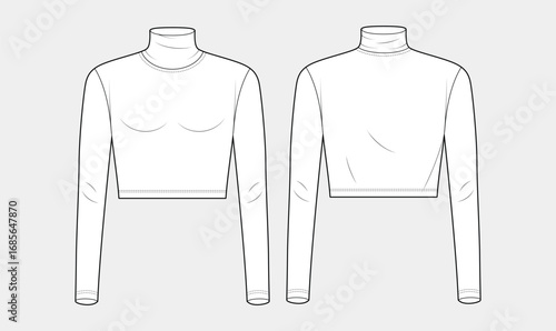 women's cropped close-fitting sketch, highneck long-sleeve, crop top sportswear, technical fashion drawing vector illustration