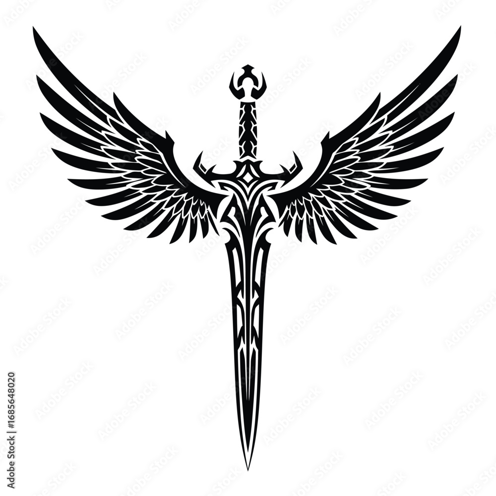 Fototapeta premium Winged sword tribal silhouette illustration with flame accents on a white background. EPS 10.